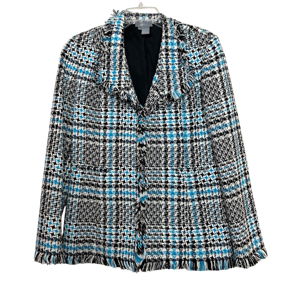 Eccoci Tweed Blazer Womens 12 Blue Black Houndstooth Fringed Wool Jacket Preppy